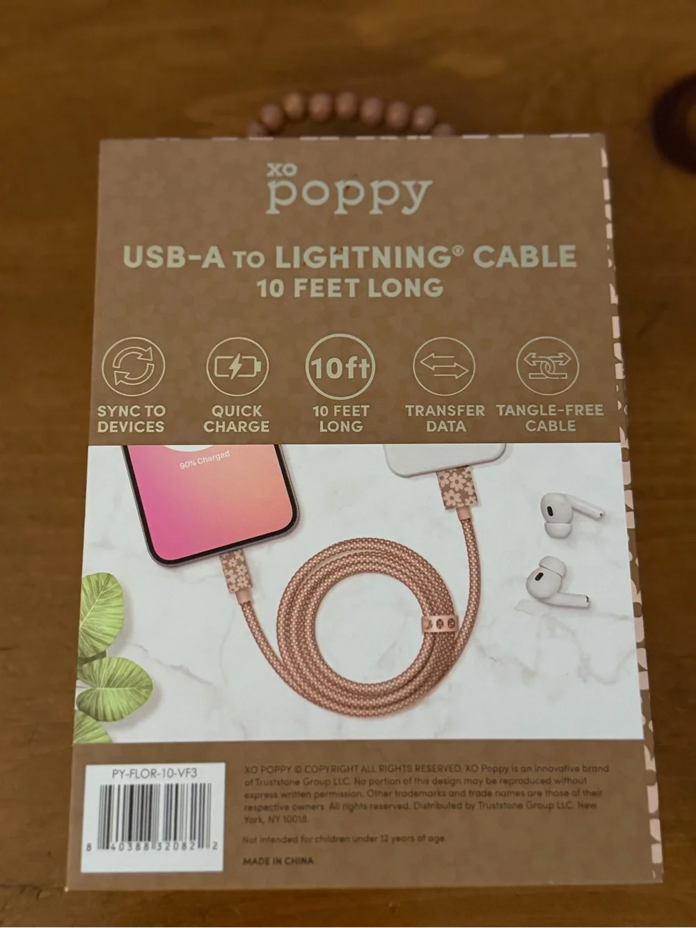 xo poppy 10ft USB-A to Lightning Cable in Floral Pink Beige